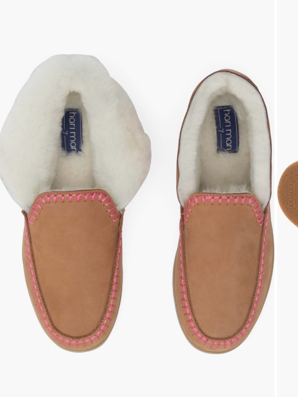 Women's Tan Shearling-Lined Moccasins with Pink Accent Stitching